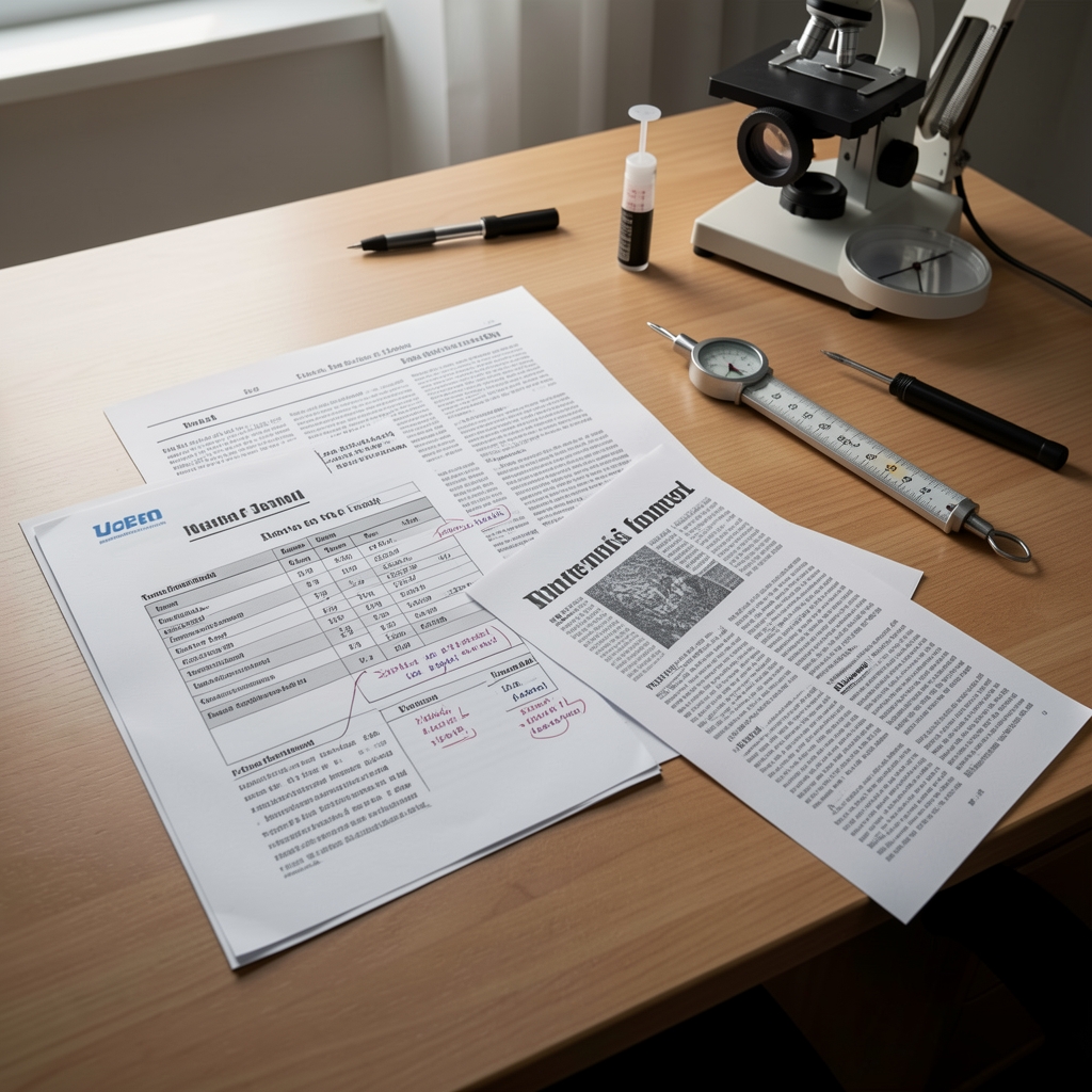Research desk with annotated nutritional composition documents, printed journal excerpts, and measuring instruments under controlled studio lighting
