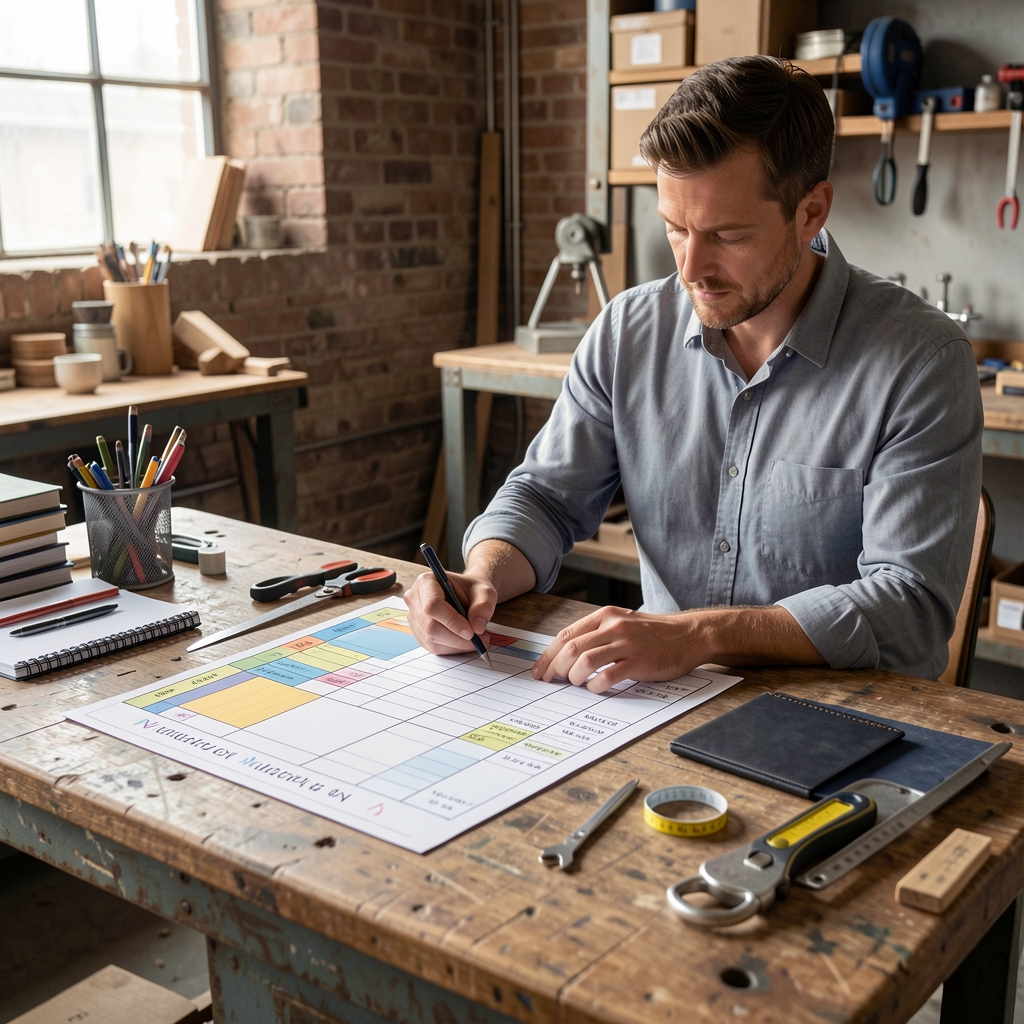 Adult man reviewing a structured weekly meal plan laid out on a raw industrial workbench with measuring tools and notebooks