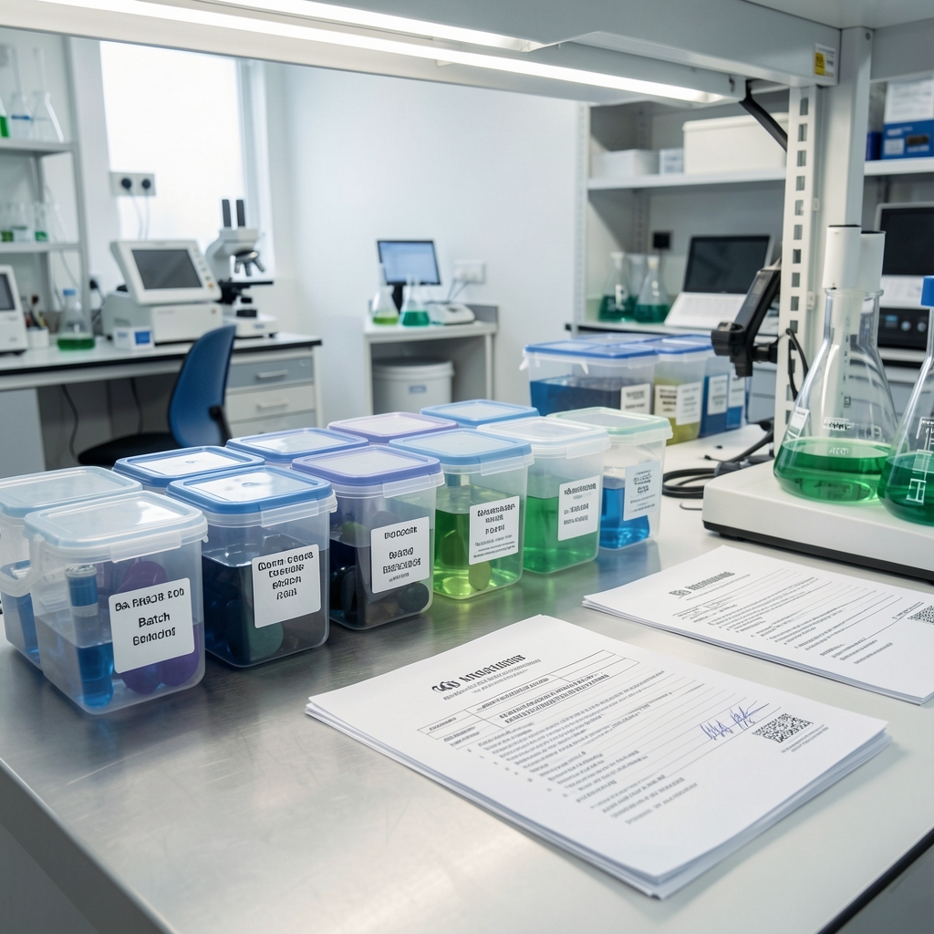 Quality-control bench with batch-coded containers and independent laboratory verification documents under controlled workspace lighting