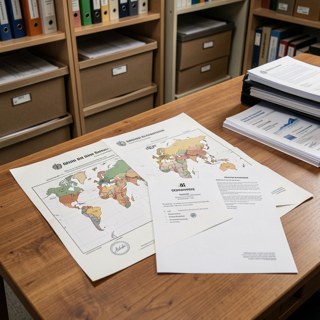 Sourcing documentation laid flat on a wooden table with ingredient origin maps and supplier certification files in an organised archive workspace