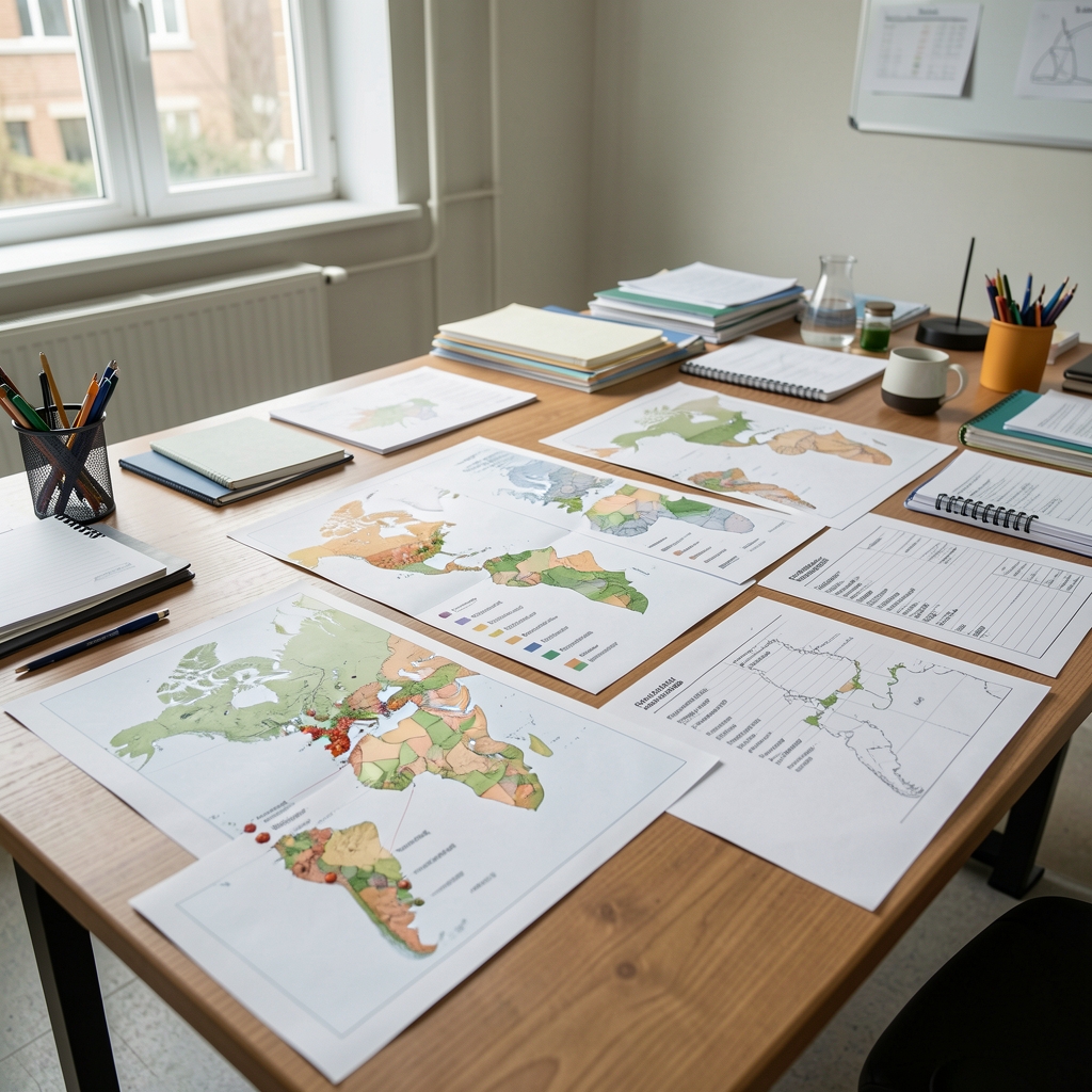 Ingredient origin maps and regional supplier locale documentation spread across a wide desk in an organised research workspace with natural light