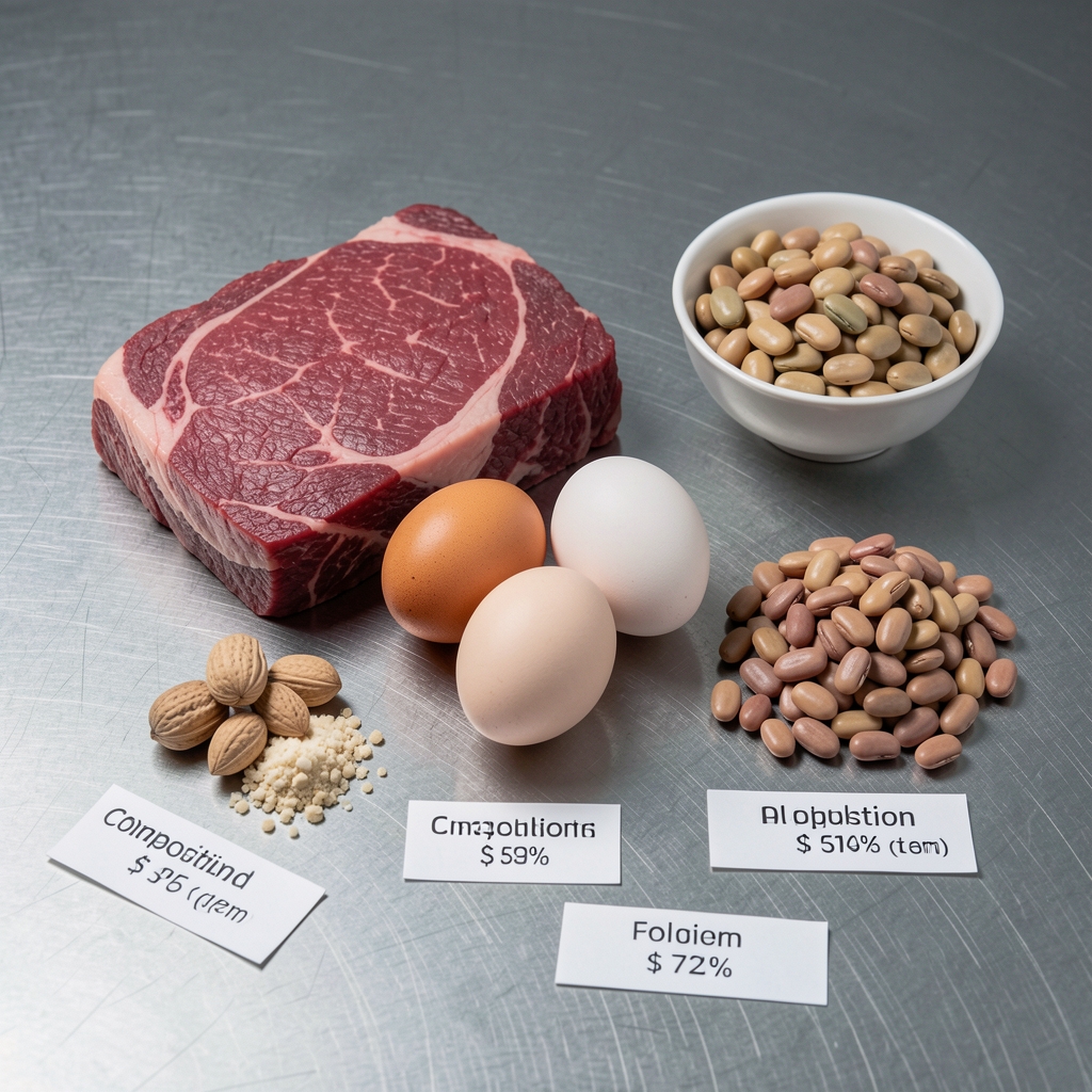 Measured portions of high-protein foods including lean beef, eggs and legumes arranged on a steel surface with composition data labels under studio lighting