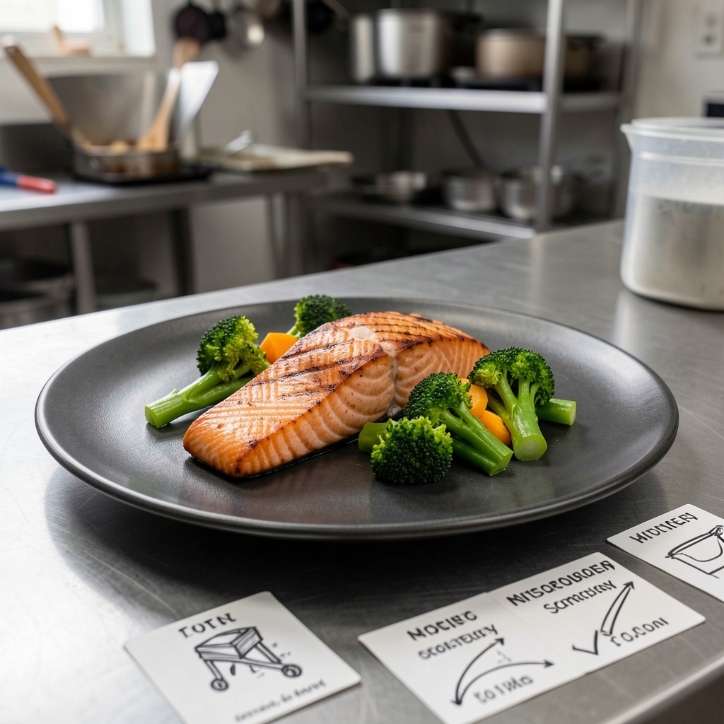 Precise portion of grilled salmon with steamed vegetables on a dark plate with macro breakdown notation cards on an industrial kitchen surface