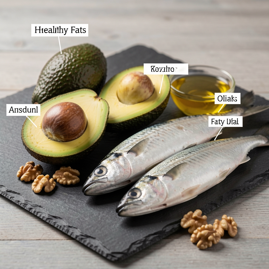 Avocado, walnuts, olive oil and fatty fish arranged on a slate surface illustrating healthy fats for men with measurement tags
