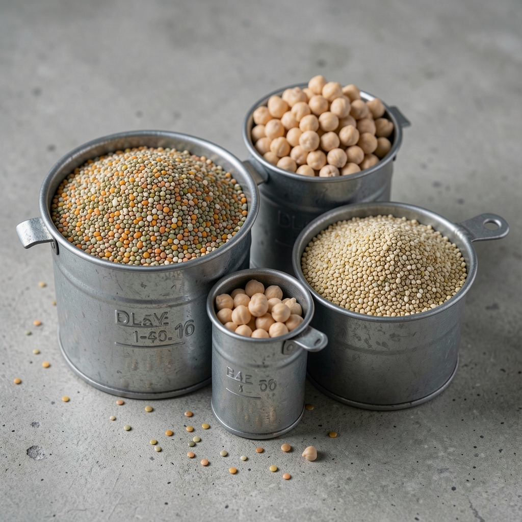 Quinoa, lentils, chickpeas and hemp seeds in industrial-style measuring containers on a concrete surface representing plant-based protein sources