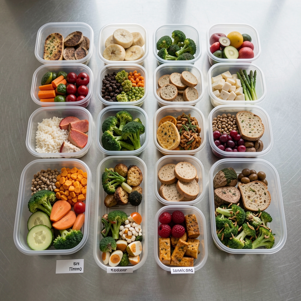 Weekly meal prep containers with portioned meals laid out in structured grid on a stainless surface with timing and composition reference cards