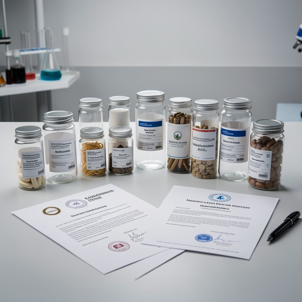 Array of glass supplement containers and certification documents on a laboratory-style surface under controlled studio lighting