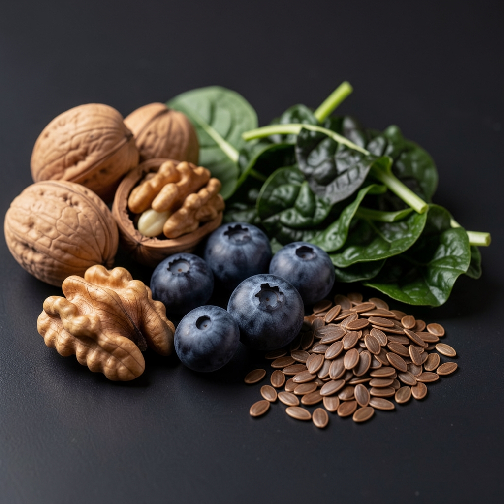 Brain-healthy foods including walnuts, blueberries, dark leafy greens and flax seeds arranged on a dark background with compositional notation