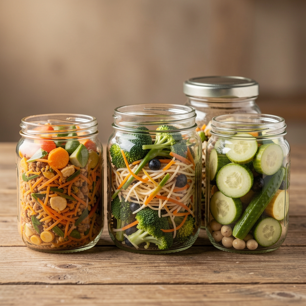 Fermented foods, fibre-rich vegetables and probiotic sources in glass jars on a wooden surface representing gut health diet composition