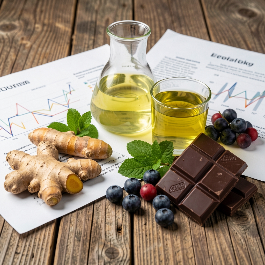 Anti-aging nutrition ingredients including turmeric, green tea, berries and dark chocolate on an aged wood surface with research documentation